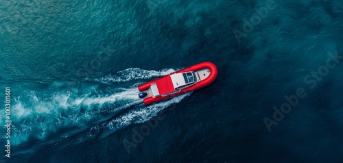 Dynamic Aerial View of Red and White Rigid Inflatable Boat Speeding on Deep Blue Water - Adventure and Freedom Concept