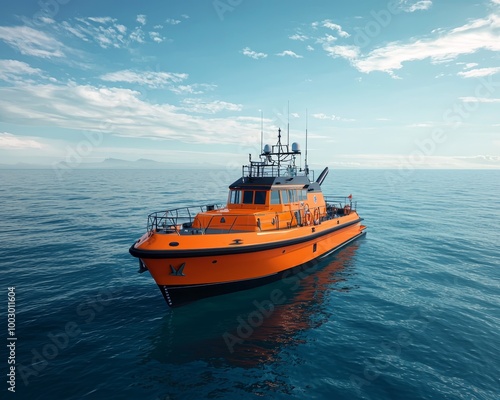 Vibrant Orange Rescue Boat Sailing on Tranquil Blue Sea - Heroic Maritime Rescue Concept