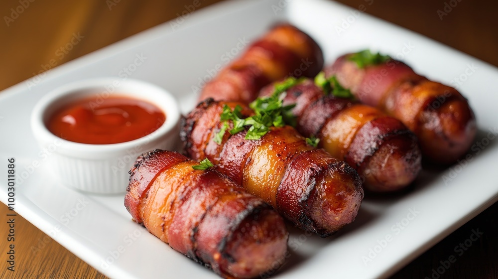Bacon-Wrapped Sausages on Plate with Ketchup Dip Bacon-Wrapped Sausages on Plate with Ketchup Dip
