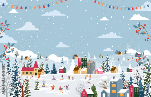 Winter season landscape illustration with snowing with people having fun doing outdoor activities