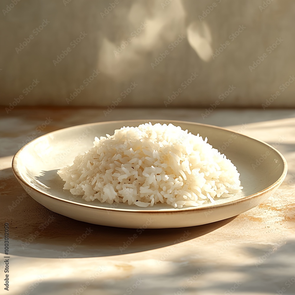 plate with hot white rice, photo studio, warm color palette, close-up, minimalist composition, evoking feeling of consumption plate with hot white rice, photo studio, warm color palette, close-up, minimalist composition, evoking feeling of consumption