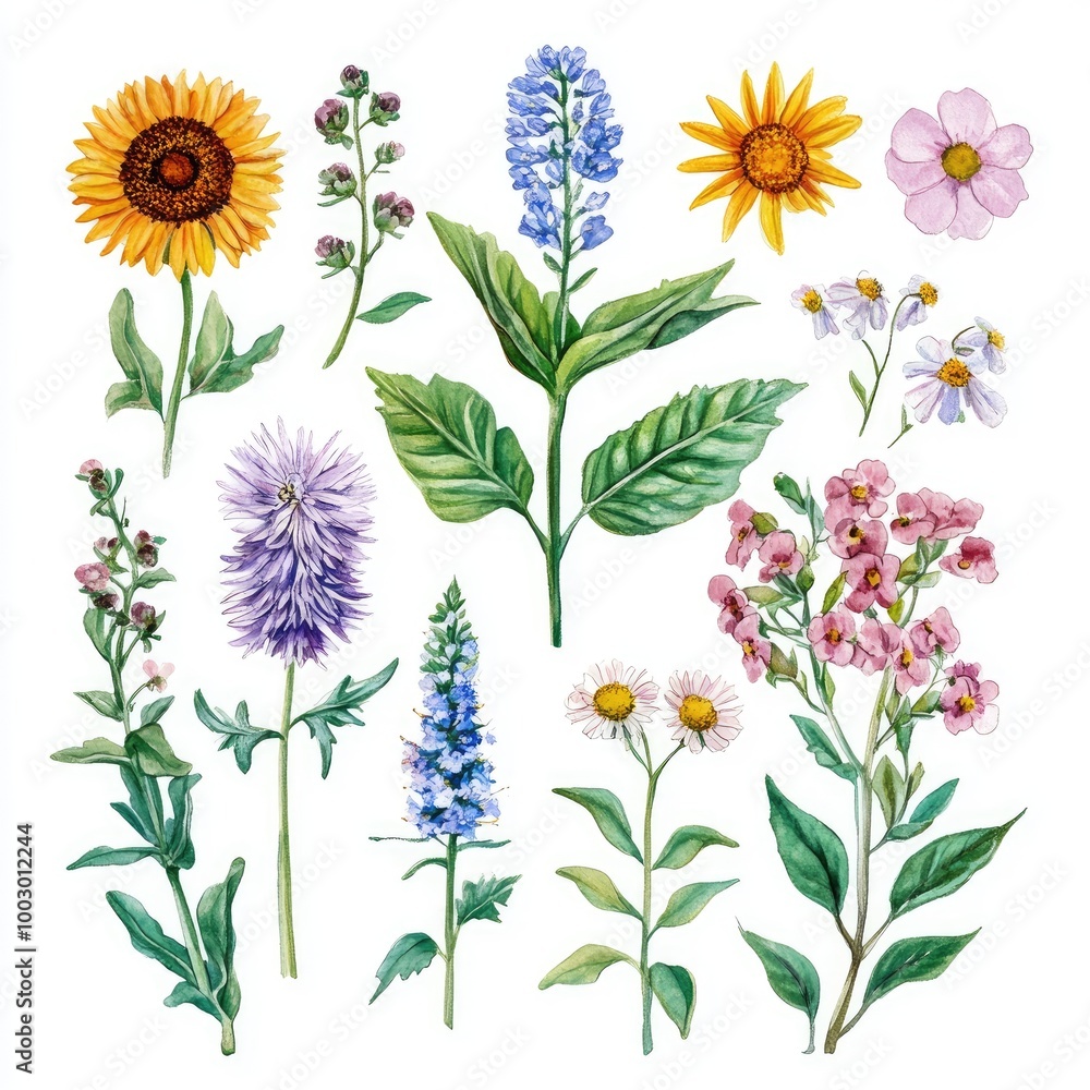 Playful watercolor collection of wildflowers such as asters, sunflowers, and mint, ideal for crafts and journaling, lively and inviting Playful watercolor collection of wildflowers such as asters, sunflowers, and mint, ideal for crafts and journaling, lively and inviting