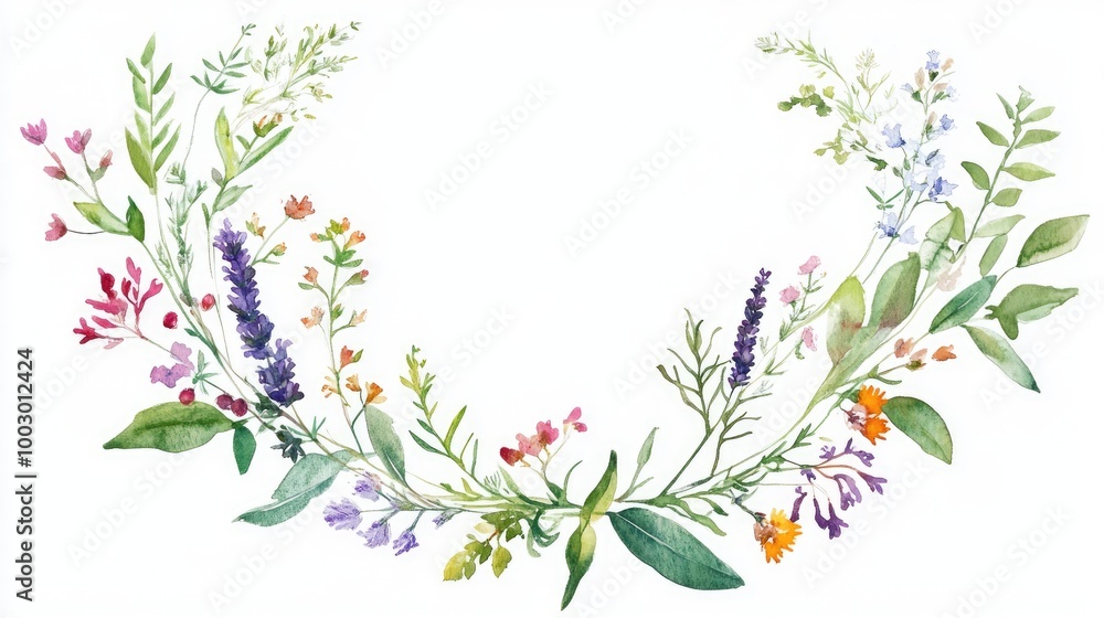 Playful watercolor wreath with wildflowers, sage leaves, and herbs on a white background, vibrant and fresh Playful watercolor wreath with wildflowers, sage leaves, and herbs on a white background, vibrant and fresh