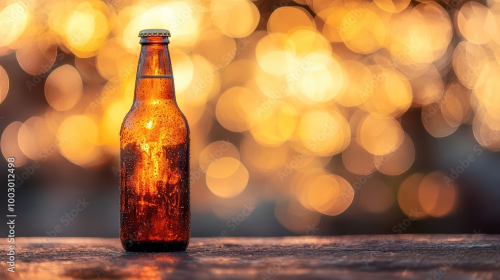 Golden hour beer bottle with magical bokeh background Golden hour beer bottle with magical bokeh background