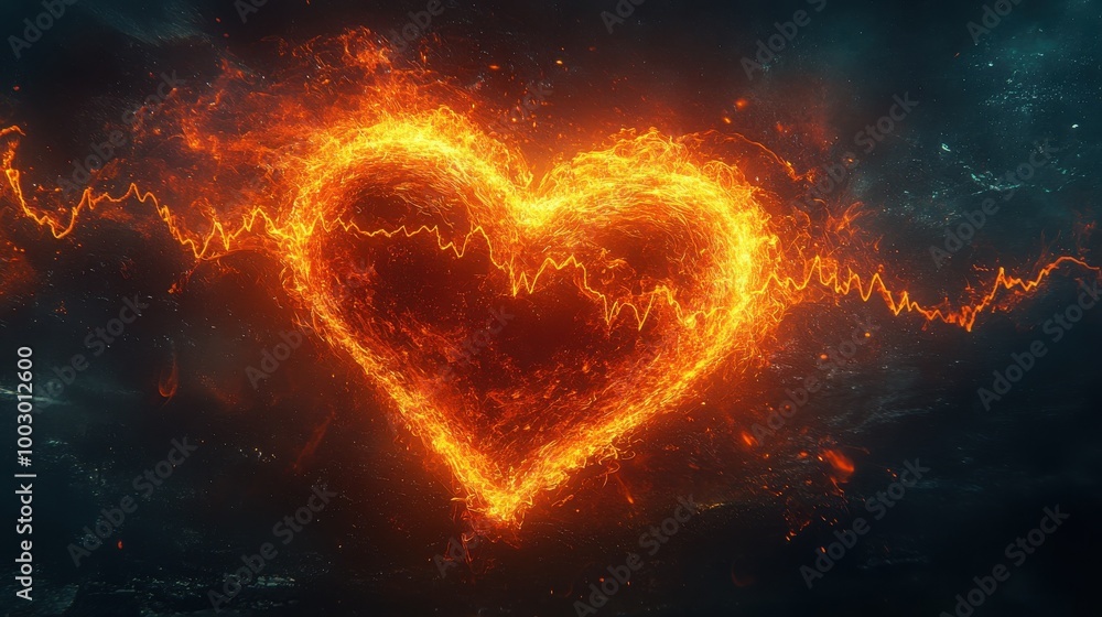 A fiery heart shape made from flames and sparks against a dark background. The heart is pulsing with energy. A fiery heart shape made from flames and sparks against a dark background. The heart is pulsing with energy.
