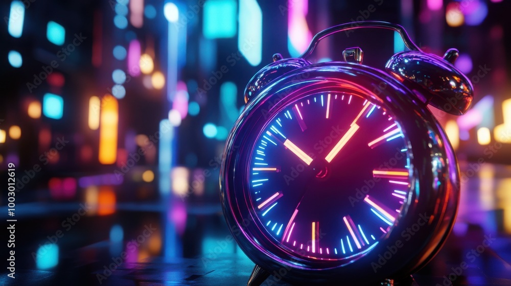 A classic alarm clock with neon blue and pink lights glows against a blurred city backdrop. A classic alarm clock with neon blue and pink lights glows against a blurred city backdrop.