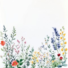 Artistic watercolor floral garland featuring wildflowers, herbs, and delicate greens on white paper, vibrant and fresh