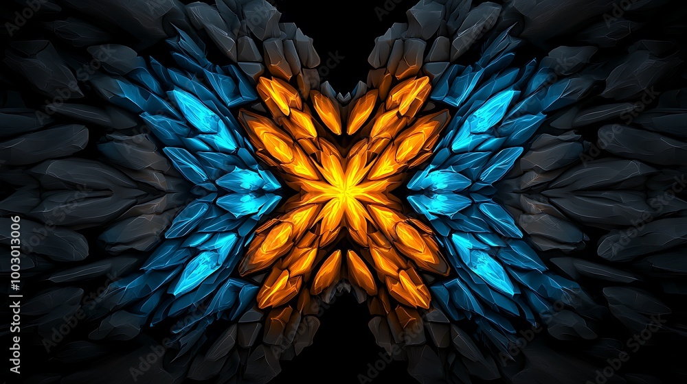 Crystalline blue and orange forms gleam against a deep black void. Crystalline blue and orange forms gleam against a deep black void.