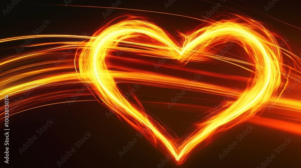 A fiery heart shape created with light trails against a black background. A fiery heart shape created with light trails against a black background.