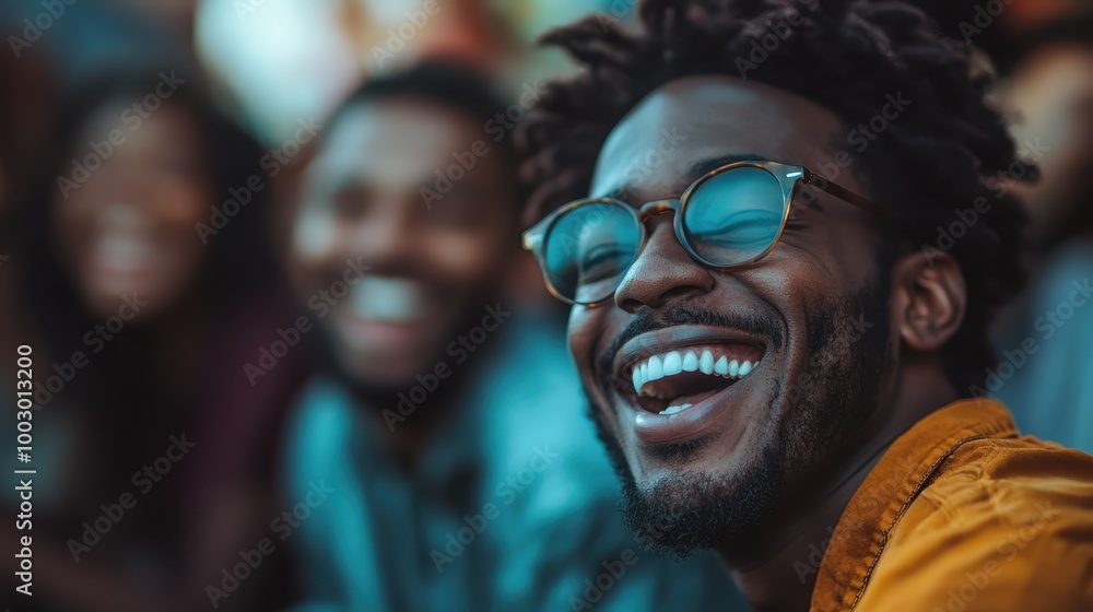 A joyful man with sunglasses laughs heartily among a vibrant crowd, capturing the essence of happiness, camaraderie, and vibrant social interactions. A joyful man with sunglasses laughs heartily among a vibrant crowd, capturing the essence of happiness, camaraderie, and vibrant social interactions.