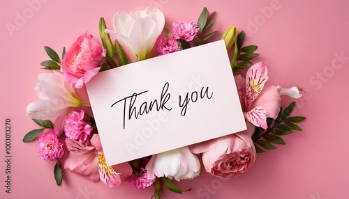 floral thank you card mockup vibrant bouquet on pink background