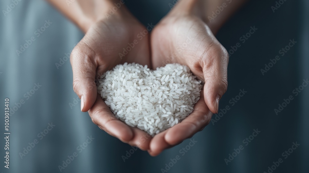 Delicate hands crafting a heart shape with white rice grains, illustrating love, care, and connection through food, a symbol of sustenance and affection. Delicate hands crafting a heart shape with white rice grains, illustrating love, care, and connection through food, a symbol of sustenance and affection.