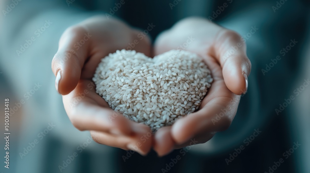 A close-up of hands gently cradling a heart-shaped pile of rice, symbolizing care and nourishment. The soft focus highlights warmth and tenderness. A close-up of hands gently cradling a heart-shaped pile of rice, symbolizing care and nourishment. The soft focus highlights warmth and tenderness.