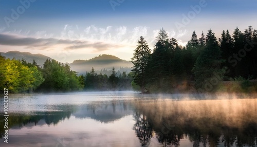 morning mist rises fron the surface of a lake