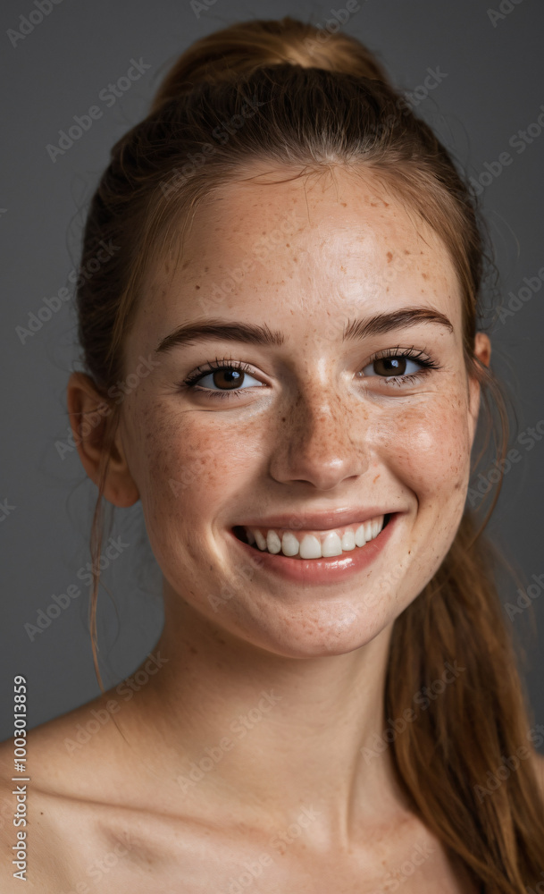 Retrato de Mujer Pelirroja con Pecas Sonriendo. Modelo sobre fondo neutro Retrato de Mujer Pelirroja con Pecas Sonriendo. Modelo sobre fondo neutro
