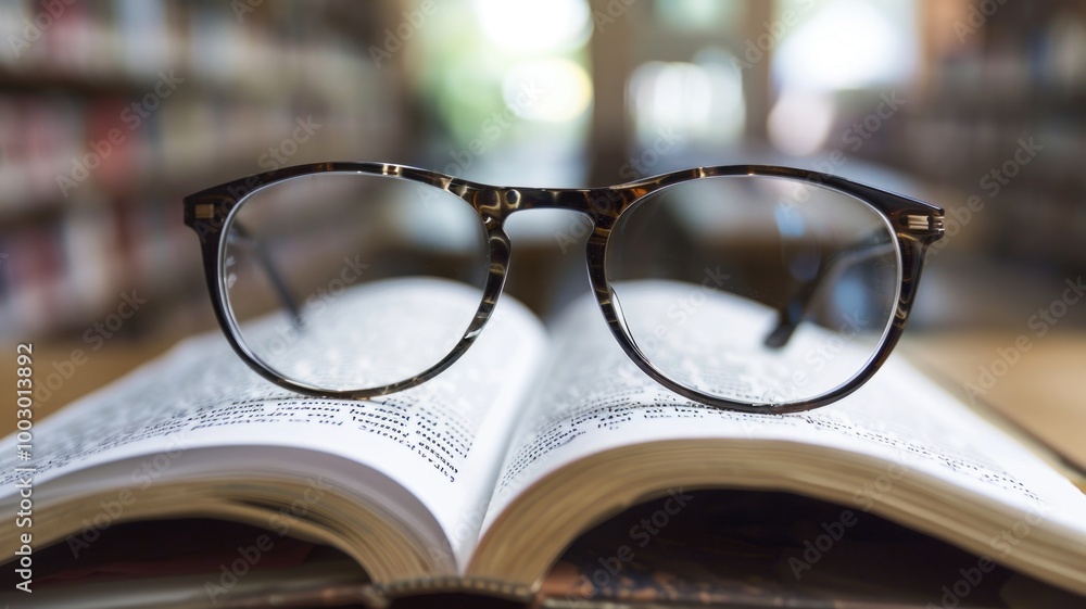 eyeglasses resting on an open book inside a library, eyeglasses resting on an open book inside a library,