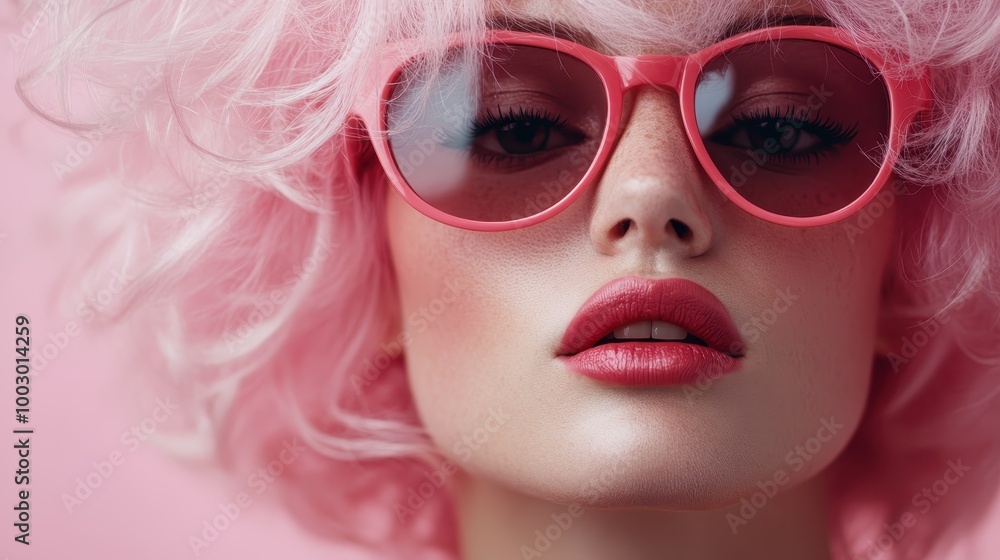 A stylish woman's portrait with curly pink hair and pink-framed glasses, exemplifying modern fashion trends with a vibrant aesthetic, set against a pink background. A stylish woman's portrait with curly pink hair and pink-framed glasses, exemplifying modern fashion trends with a vibrant aesthetic, set against a pink background.