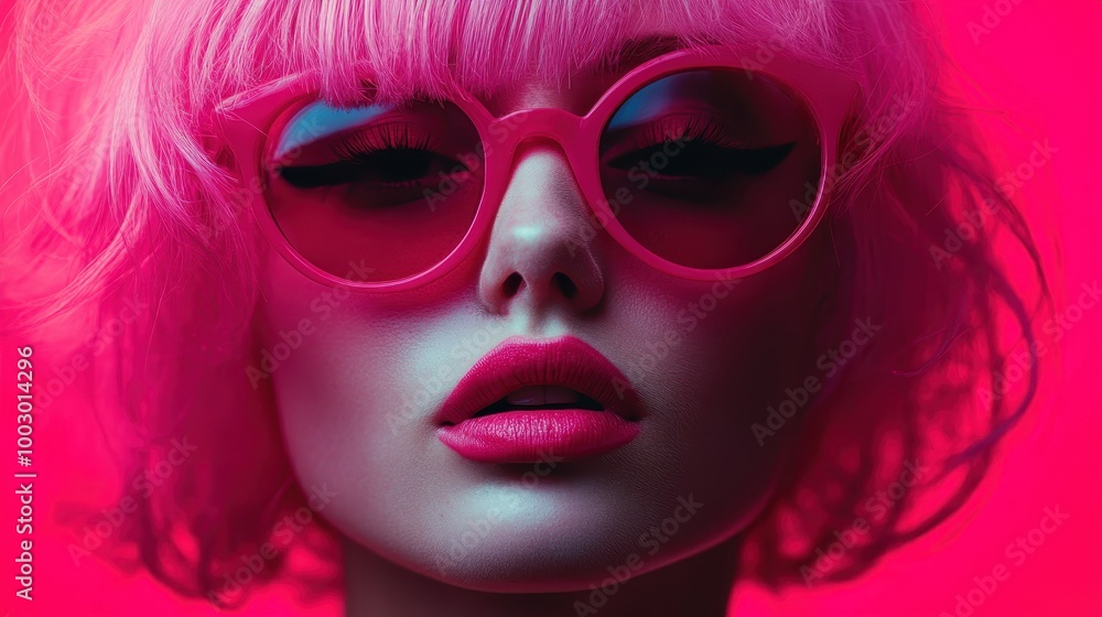 A striking close-up image of a woman with bold pink hair and vibrant pink glasses, exuding mystery and allure against a hot pink background, capturing modern aesthetic appeal. A striking close-up image of a woman with bold pink hair and vibrant pink glasses, exuding mystery and allure against a hot pink background, capturing modern aesthetic appeal.
