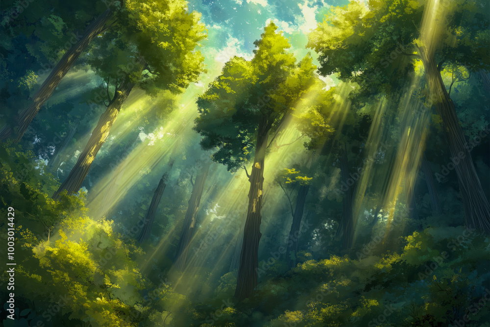 Forest awakening to the first light of dawn, with rays of sunlight filtering through the dense canopy Forest awakening to the first light of dawn, with rays of sunlight filtering through the dense canopy