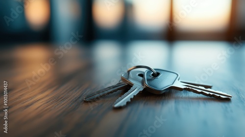 A focused shot of a set of silver keys lying on a wooden table, with a blurred background hinting at a sunset, symbolizing security and opportunity.