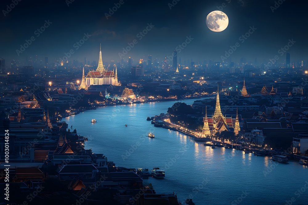 Fototapeta premium Cityscape of Bangkok at night with bright moon and river view.