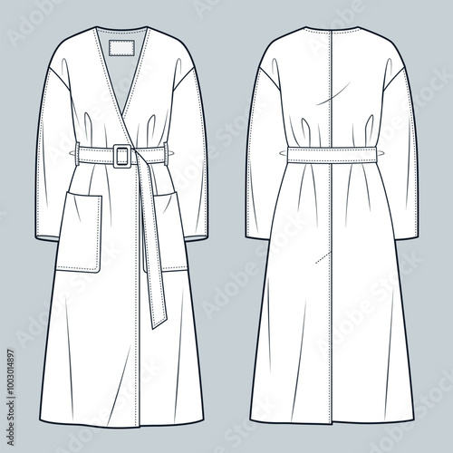 Collarless Coat technical fashion illustration. Belted Coat fashion flat technical drawing template, v neck, midi, pockets, back slit, front, back view, white, oversize, women, men, unisex CAD mockup.
