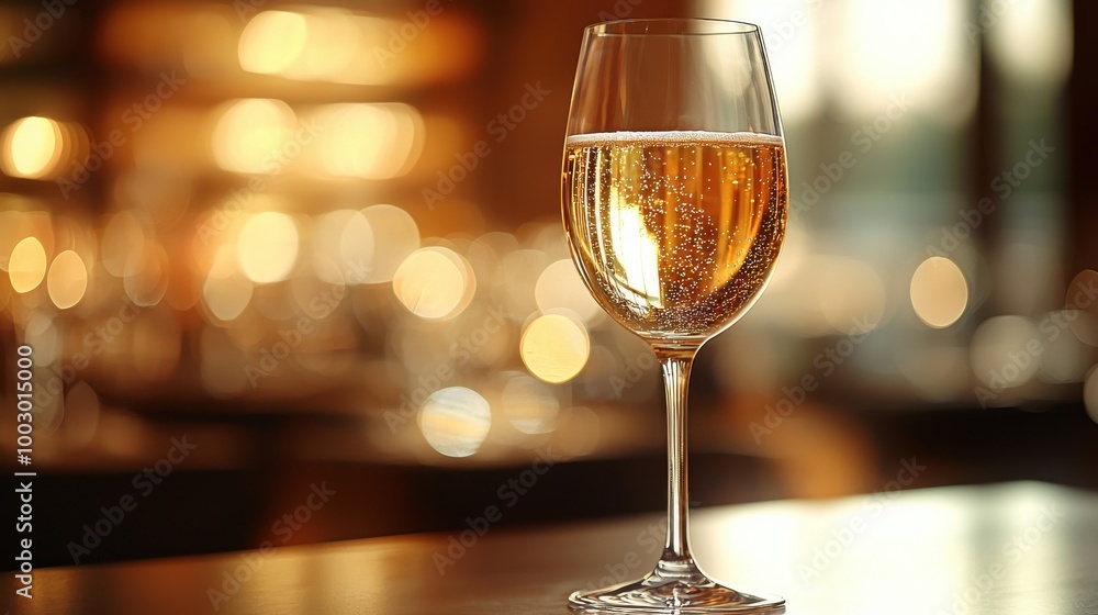 A sparkling glass of champagne against a softly lit restaurant backdrop during early evening A sparkling glass of champagne against a softly lit restaurant backdrop during early evening
