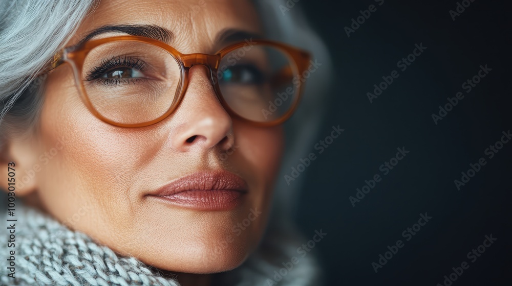 Fototapeta premium An elegant, silver-haired woman with glasses and a cozy scarf gazes confidently into the distance, embodying grace, maturity, and a classic style.