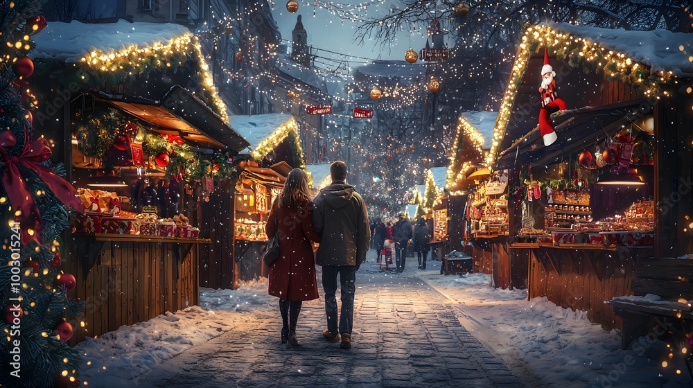 Naklejka premium Couple walking through a festive Christmas market at night.