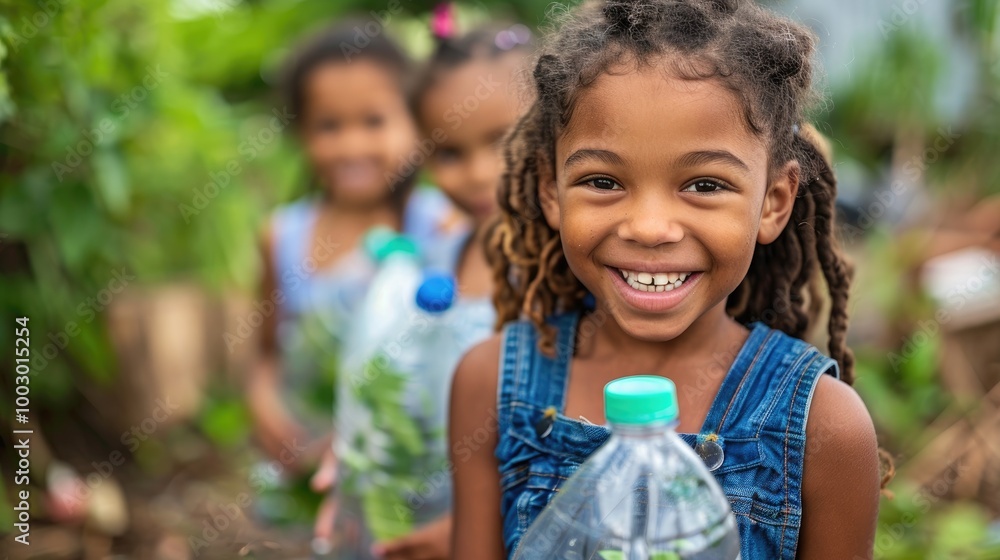 A young girl smiles brightly while holding a plastic bottle with a plant growing out of it