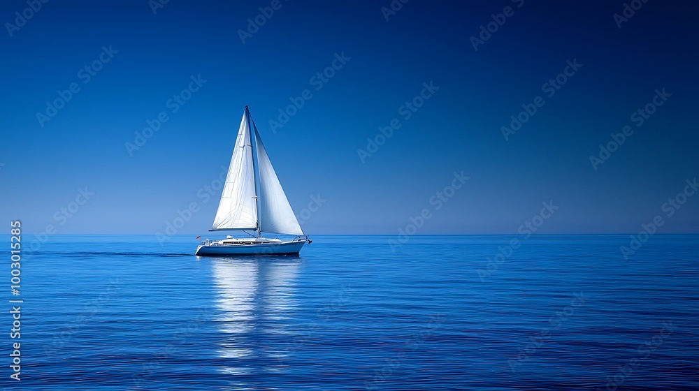 Obraz premium A sailboat glides peacefully over the calm, blue ocean under a clear sky.