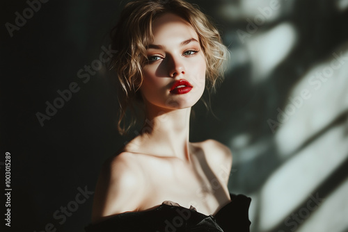 Model posing in a high-fashion studio with dramatic lighting, showcasing elegance and style. The woman is elegantly dressed in a stunning black dress photo