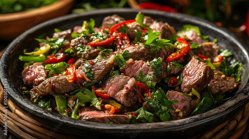 Delicious beef salad with fresh herbs and spices. Delicious beef salad with fresh herbs and spices.
