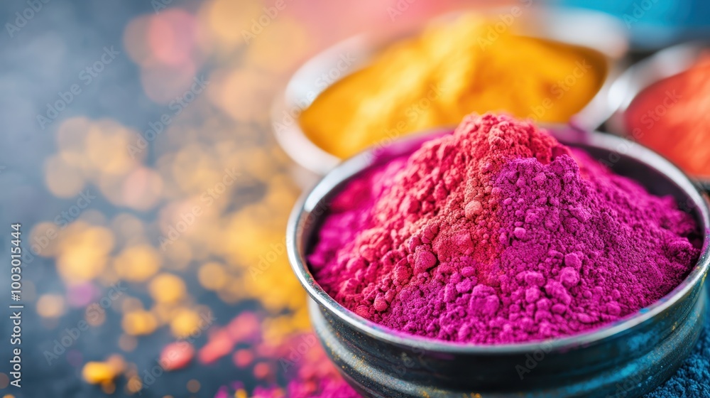 Colorful powders in metallic bowls with a vibrant array of pink, yellow, and orange invoke creativity and energy, perfect for artistic and colorful abstract projects. Colorful powders in metallic bowls with a vibrant array of pink, yellow, and orange invoke creativity and energy, perfect for artistic and colorful abstract projects.