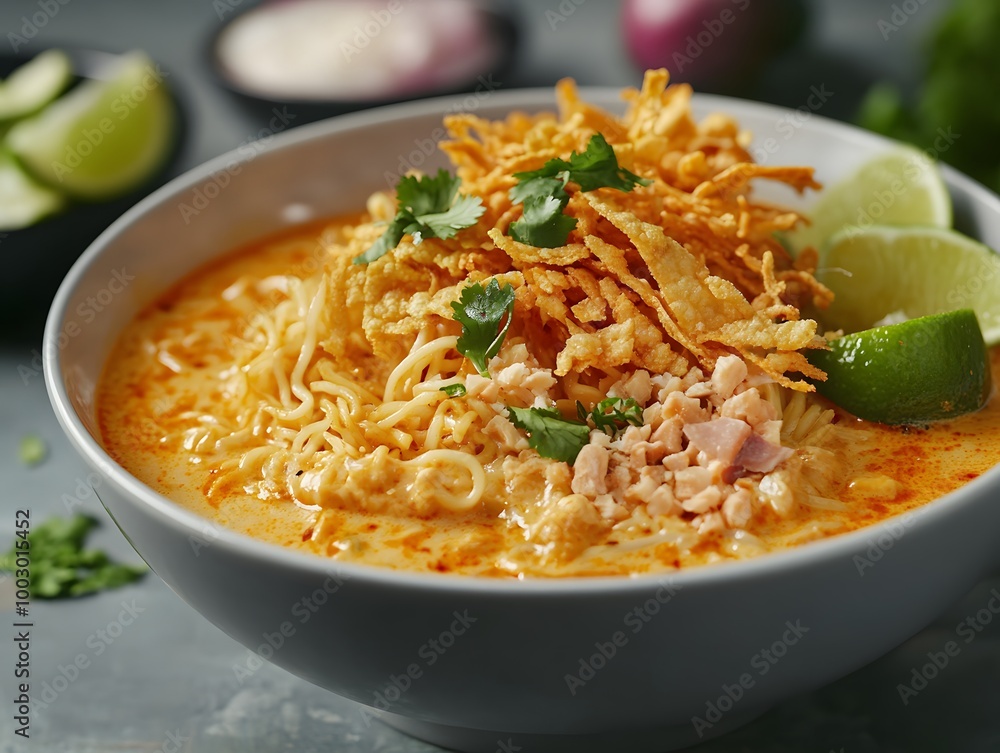Delicious bowl of noodles topped with crispy garnishes. Delicious bowl of noodles topped with crispy garnishes.