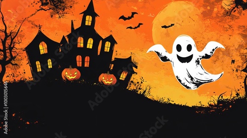 Spooky season is here! Get ready for a frightfully fun Halloween with this vibrant background featuring a playful ghost and grinning pumpkins. Customize the text to add your own spooky message photo