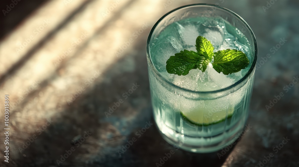 A glass capturing the freshness of a mint-infused lime cocktail served with ice cubes, all beautifully illuminated by a gentle ray of sunlight creating a lively refresh. A glass capturing the freshness of a mint-infused lime cocktail served with ice cubes, all beautifully illuminated by a gentle ray of sunlight creating a lively refresh.