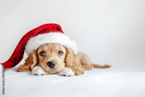 A cheerful cocker spaniel puppy lounges with a red Santa hat on a white surface, embodying the holiday spirit photo