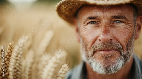 An elderly farmer stands content in a sunlit wheat field, evoking timeless rural life and the connection between people, the land, and agricultural traditions.