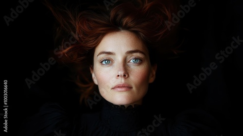 A serene portrait of a woman with striking red hair and captivating blue eyes, gently gazing upward, framed by a dramatic black backdrop and soft lighting.