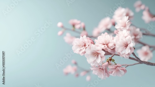 This photograph showcases delicate cherry blossoms against a soft blue sky, embodying the fleeting essence of spring and renewal, a symbol of beauty and transience. photo