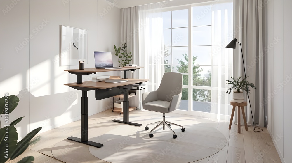 Modern Home Office Desk with Standing Desk Laptop and Comfortable Chair Modern Home Office Desk with Standing Desk Laptop and Comfortable Chair