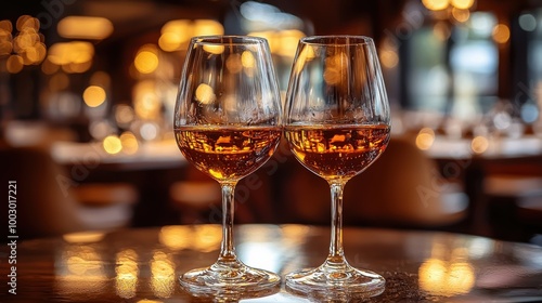 Elegant wine glasses filled with rich amber liquid on a wooden table against a warm, softly lit background in a cozy restaurant