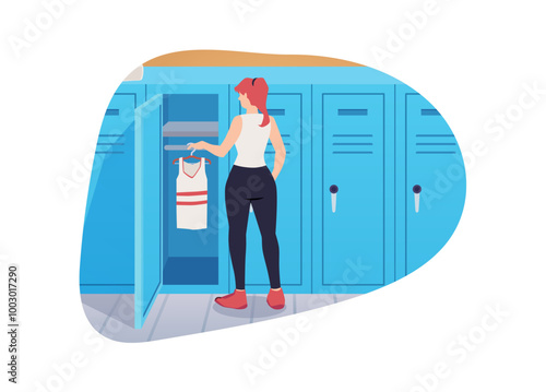 Young woman hangs a T-shirt on a hanger in the locker in sports changing room vector flat, change clothes for training