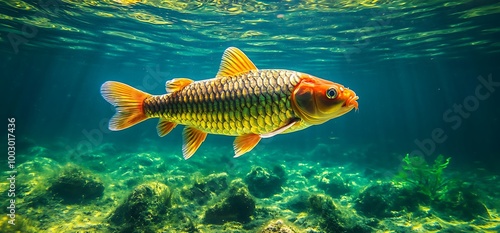 Fototapeta Naklejka Na Ścianę i Meble -  A single orange and yellow fish swims through clear blue water with rocky green vegetation at the bottom.