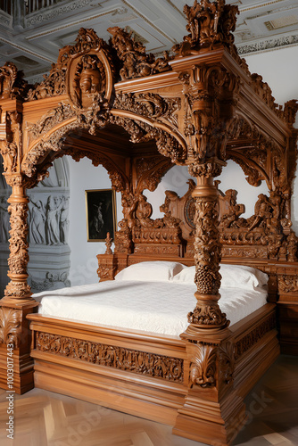  Luxurious Baroque-Style Bedroom with Ornate Wooden Bed and Chandelier photo