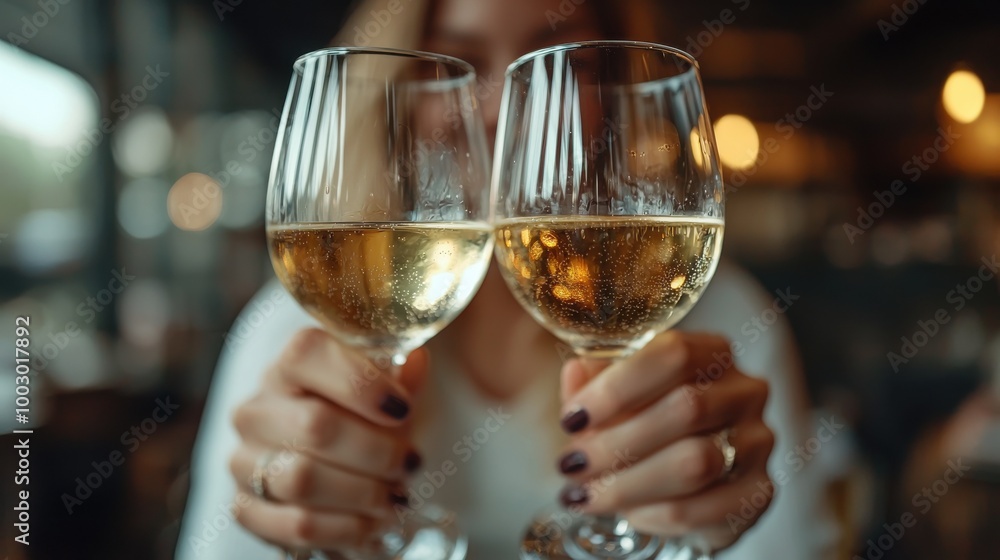 Celebrating friendship with two glasses of white wine in a cozy restaurant setting during evening hours Celebrating friendship with two glasses of white wine in a cozy restaurant setting during evening hours