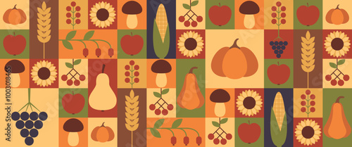 Harvest festival geometric minimalist modern background. Autumnal festive trendy mosaic seamless pattern. Vector illustration