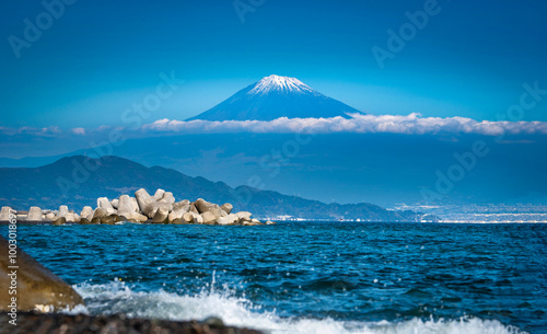 Mt. Fuji with beach at daytime in Miho no Matsubara, Shizuoka, Japan photo