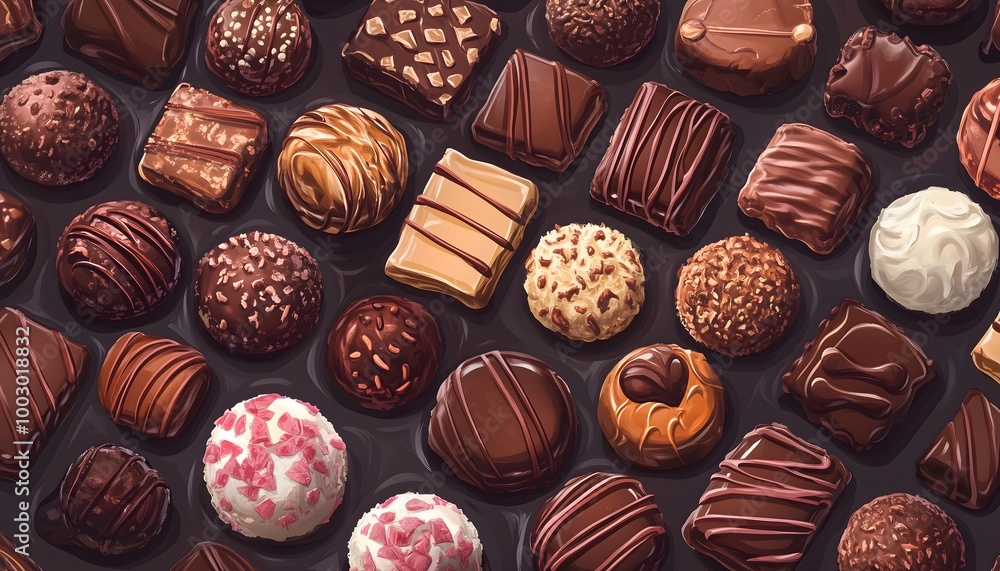 An aerial view of an assortment of tasty chocolates An aerial view of an assortment of tasty chocolates